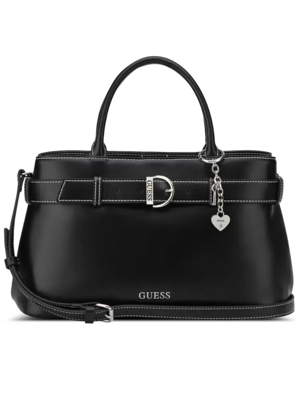 GUESS Black Satchel with Silver Hardware and Heart Charm